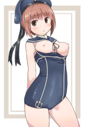 Rule 34 | 10s, 1girl, breastless clothes, breasts, breasts out, brown eyes, brown hair, hat, iku (wtu6pma7), kantai collection, nipples, no bra, one-piece swimsuit, sailor collar, sailor hat, short hair, solo, swimsuit, z3 max schultz (kancolle)