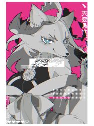 Rule 34 | 1girl, anaglyph, animal ears, animal nose, barcode, blue eyes, body fur, border, breasts, claws, closed mouth, collar, copyright name, dots, emblem, eyelashes, bear trap, forked eyebrows, fox ears, fox girl, furry, furry female, glitch, hakumen (housamo), heart, hydrarugyrum, japanese clothes, kimono, large breasts, limited palette, looking at viewer, medium hair, pink background, simple background, smile, snout, solo, swept bangs, tokyo houkago summoners, twitter username, upper body, white border