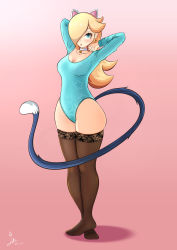 Rule 34 | absurdres, animal ears, arms behind back, arms up, bad id, bad twitter id, bell, black thighhighs, blonde hair, blue eyes, blush, breasts, brown thighhighs, cat ears, cat tail, choker, cleavage, dated, gradient background, hair over one eye, highres, jewelry, laceysx, leotard, lips, lipstick, long hair, long tail, makeup, mario (series), medium breasts, necklace, nintendo, pink background, rosalina, simple background, solo, tail, thick thighs, thighhighs, thighs