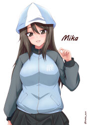 Rule 34 | 1girl, absurdres, black skirt, blue headwear, blue jacket, brown eyes, brown hair, character name, commentary request, girls und panzer, highres, inaka pan, jacket, keizoku military uniform, light blush, long hair, long sleeves, looking at viewer, mika (girls und panzer), military uniform, miniskirt, open mouth, partial commentary, pleated skirt, raglan sleeves, simple background, skirt, smile, solo, standing, track jacket, tulip hat, twitter username, uniform, white background