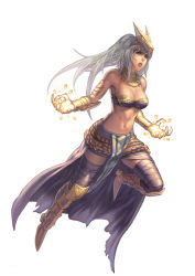 Rule 34 | 1girl, armlet, armor, bare shoulders, breasts, cleavage, gauntlets, greaves, grey hair, krenz, long hair, midriff, open mouth, original, solo, thighhighs