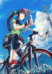 Rule 34 | 1girl, 40hara, bicycle, biker clothes, bikesuit, black hair, blue eyes, blush, bodysuit, cloud, daisy, day, fingerless gloves, flower, gloves, long hair, one eye closed, original, ponytail, power lines, shoes, skin tight, sky, solo, sports sunglasses, sunglasses, sunglasses on head, sunglasses removed, wink