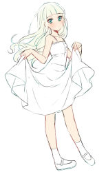 Rule 34 | 1girl, aikatsu!, aikatsu! (series), bare arms, bare shoulders, blonde hair, blunt bangs, blush, closed mouth, dress, flat chest, floating hair, full body, green eyes, highres, long hair, looking at viewer, sekina, shoes, simple background, skirt hold, socks, solo, sundress, todo yurika, white background, white dress, white socks