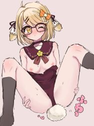 Rule 34 | 1girl, animal ears, blush, bow, breasts, breasts out, closed mouth, floppy ears, grey background, hair bow, hair ornament, hair ribbon, hairclip, highres, inaba haneru (animare), looking at viewer, nanashi inc., nipples, one eye closed, rabbit tail, ribbon, sketch, socks, solo, sweat, tail, tamotsu (mary), thighs, virtual youtuber, yellow eyes