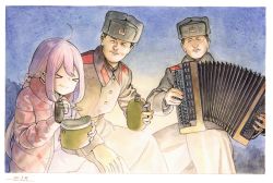 Rule 34 | &gt; &lt;, 1girl, 2boys, accordion, ahoge, coat, commentary request, dated, eating, closed eyes, flask, fur hat, hat, horikou, instrument, kagamihara nadeshiko, multiple boys, music, pink coat, pink hair, playing instrument, signature, soviet army, spoon, trench coat, ushanka, winter clothes, yurucamp