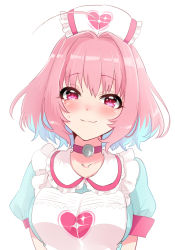 Rule 34 | 1girl, blue hair, blush, breasts, closed mouth, collar, crying, crying with eyes open, frills, hair intakes, hat, heart, heart print, idolmaster, idolmaster cinderella girls, light smile, looking at viewer, medium breasts, multicolored hair, nurse cap, pink collar, pink eyes, pink hair, puffy short sleeves, puffy sleeves, short hair, short sleeves, simple background, solo, sukoyaka (100hituzi), tears, two-tone hair, upper body, white background, yumemi riamu