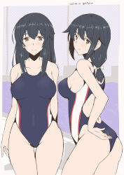 Rule 34 | 2girls, alternate costume, artist name, black hair, black one-piece swimsuit, brown eyes, cowboy shot, dated, from behind, fusou (kancolle), hair flaps, highres, kantai collection, long hair, looking at viewer, medium hair, multicolored clothes, multicolored swimsuit, multiple girls, official alternate hair length, official alternate hairstyle, one-piece swimsuit, smile, swimsuit, taira yuuki, yamashiro (kancolle)