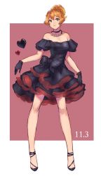 Rule 34 | 1girl, black bow, black dress, black gloves, blonde hair, bow, brown hair, closed mouth, dress, earrings, freyja wion, full body, gloves, green eyes, hair between eyes, hair ornament, heart, heart hair ornament, highres, jewelry, layered dress, looking at viewer, macross, macross delta, multicolored hair, off-shoulder dress, off shoulder, pink background, shimatani azu, short dress, short hair, sleeveless, sleeveless dress, smile, solo, standing, strapless, strapless dress, two-tone background, two-tone hair, white background