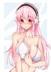 Rule 34 | 1girl, absurdres, bikini, blush, breasts, cleavage, headphones, highres, large breasts, looking at viewer, lumu yuanxiang, nitroplus, open mouth, pink hair, red eyes, solo, super sonico, swimsuit, upper body