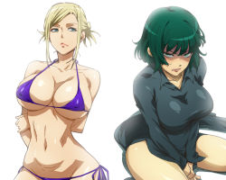 Rule 34 | 10s, 2girls, angry, arms behind back, awashima seri, bikini, black dress, blonde hair, blue bikini, blue eyes, breasts, cleavage, clenched teeth, crossover, dress, fubuki (one-punch man), green eyes, green hair, hairu, k-project, large breasts, looking at viewer, looking to the side, multiple girls, one-punch man, season connection, short hair, side-tie bikini bottom, sitting, swimsuit, teeth, underboob, v arms