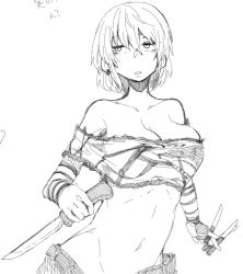 Rule 34 | 10s, 1girl, bare shoulders, breasts, cleavage, commentary request, crop top, dagger, denim, dual wielding, female focus, greyscale, hair between eyes, hikage (senran kagura), holding, holding knife, holding weapon, jeans, knife, large breasts, long sleeves, looking to the side, midriff, monochrome, navel, open mouth, pants, parted lips, quadruple wielding, senran kagura, short hair, simple background, sketch, solo, throwing knife, translation request, upper body, weapon, white background, yonyon (yotayota honpo)