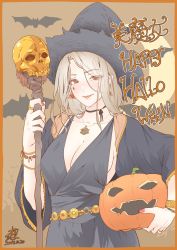 Rule 34 | 1girl, bad id, bad twitter id, bat (animal), blush, border, bracelet, breasts, brown background, brown eyes, choker, cleavage, commentary request, crescent moon, dated, earrings, fangs, fangs out, grey hair, halloween, halloween costume, hat, highres, holding, holding staff, jack-o&#039;-lantern, jewelry, kunami himehiko, large breasts, long hair, moon, necklace, no bra, orange border, original, pumpkin, red lips, ring, signature, skull, smile, solo, staff, upper body, witch hat