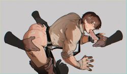 Rule 34 | 5boys, absurdres, adventurer (ff14), ass, bandaged hand, bandages, bara, brown hair, brown pants, brown shirt, closed eyes, clothes pull, collared shirt, cum, erection, fellatio, final fantasy, final fantasy xiv, grey background, hand on another&#039;s ass, highres, male focus, multiple boys, muscular, muscular male, oral, pants, pants pull, penis, scar, scar on leg, shirt, short hair, simple background, uselessdut, warrior of light (ff14), yaoi