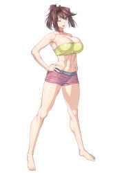Rule 34 | 1girl, bare legs, bare shoulders, barefoot, belt, blue eyes, breasts, brown hair, choker, cleavage, grey belt, hand on own hip, highres, large breasts, looking at viewer, mazaki anzu, medium hair, midriff, navel, one eye closed, open mouth, ozaneko, pink choker, pink shorts, ponytail, shirt, shorts, simple background, smile, solo, strapless, tube top, white background, yellow shirt, yu-gi-oh!, yu-gi-oh! duel monsters, yu-gi-oh! the dark side of dimensions