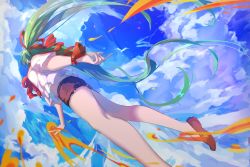 Rule 34 | 1girl, arm at side, blue sky, cloud, cumulonimbus cloud, day, dutch angle, from below, green hair, hatsune miku, highres, hikari50503, long hair, outstretched arm, shorts, sky, solo, twintails, upshirt, vocaloid