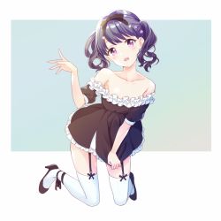 Rule 34 | 1girl, bad id, bad twitter id, bare shoulders, belldot, black dress, black hair, bow, collarbone, commentary request, dress, fang, flower, frilled sleeves, frills, fukumaru koito, full body, garter straps, hair bow, hair flower, hair ornament, hair ribbon, high heels, idolmaster, idolmaster shiny colors, kneeling, looking at viewer, off-shoulder dress, off shoulder, open mouth, puffy short sleeves, puffy sleeves, purple eyes, ribbon, short hair, short sleeves, skin fang, skindentation, skirt, skirt tug, solo, thighhighs, twintails, white thighhighs