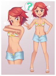 Rule 34 | 1girl, :d, ?, absurdres, bikini, blush, border, breasts, brown eyes, child, closed mouth, collarbone, commentary, creatures (company), english commentary, eyelashes, game freak, gazing eye, grey background, grey shorts, hand on own hip, highres, knees, multiple views, navel, nintendo, open fly, open mouth, pokemon, pokemon masters ex, red hair, sandals, shorts, smile, sparkle, spoken question mark, standing, striped bikini, striped clothes, swept bangs, swimsuit, teeth, tina (pokemon), toes, tongue, upper teeth only, v, white border