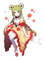 Rule 34 | 1girl, absurdres, bad id, bad pixiv id, commentary, dress, flower, frills, frog girl, from above, green hair, highres, long hair, looking at viewer, mycash75, orange dress, original, red eyes, red flower, sitting, smile, solo, thighhighs, twintails, white thighhighs