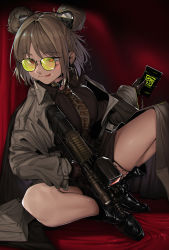 Rule 34 | 1girl, absurdres, ammunition, black footwear, black gloves, blush, brown hair, bullet, bullpup, closed mouth, coat, collared shirt, commission, double bun, fn 5.7x28mm, girls&#039; frontline, gloves, gun, hair bun, highres, holding, holding gun, holding weapon, horizontal magazine, licking lips, long sleeves, necktie, off shoulder, p90, p90 (girls&#039; frontline), pdw cartridge, personal defense weapon, pixiv commission, red eyes, sd bigpie, see-through, shirt, short hair, sitting, solo, submachine gun, sunglasses, tinted eyewear, tongue, tongue out, translucent, weapon, yellow-tinted eyewear, yellow-tinted glasses