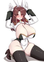 Rule 34 | 1girl, animal ears, arms up, blush, breasts, brown eyes, brown hair, cleavage, covered navel, cropped jacket, fake animal ears, fake tail, gundam, gundam seed, hand up, highleg, highleg leotard, highres, huge breasts, leotard, lipstick, long hair, long sleeves, looking at viewer, makeup, murrue ramius, playboy bunny, rabbit ears, rabbit pose, rabbit tail, revealing clothes, satou (kuso-neet), shrug (clothing), simple background, solo, strapless, strapless leotard, tail, thighhighs, uniform