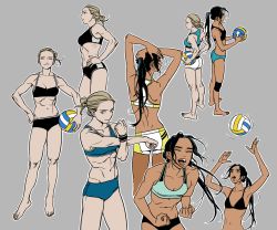 Rule 34 | 2girls, abs, ball, blonde hair, blue eyes, breasts, character sheet, closed eyes, dark-skinned female, dark skin, from behind, hair bun, hands on own hips, holding, holding ball, jinamong, long hair, looking at viewer, medium breasts, multiple girls, navel, original, playing sports, ponytail, single hair bun, small breasts, smile, sports bikini, sportswear, stretching, toned, volleyball, volleyball (object)