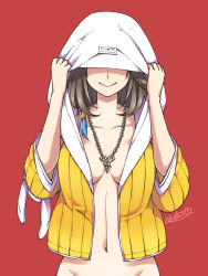 Rule 34 | 1girl, akzk kh, breasts, brown hair, closed mouth, final fantasy, final fantasy x, groin, highres, hood, hooded jacket, jacket, jewelry, medium hair, naked jacket, navel, necklace, simple background, smile, solo, yuna (ff10)