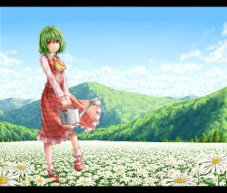 Rule 34 | 1girl, ascot, cloud, daisy, day, female focus, field, flower, flower field, green hair, kazami yuuka, landscape, letterboxed, mountain, nature, pitcher (container), plaid, plaid skirt, plaid vest, red eyes, scenery, short hair, skirt, skirt set, solo, teiraa, touhou, vest, watering can