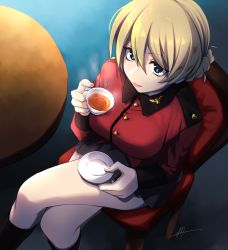 Rule 34 | 1girl, bad id, bad pixiv id, black footwear, black skirt, blonde hair, blue eyes, boots, braid, commentary, crossed legs, cup, darjeeling (girls und panzer), epaulettes, from above, girls und panzer, highres, holding, holding cup, holding saucer, jacket, long sleeves, military, military uniform, miniskirt, nmz (namazu), pleated skirt, red jacket, saucer, short hair, sitting, skirt, solo, st. gloriana&#039;s military uniform, teacup, twin braids, uniform