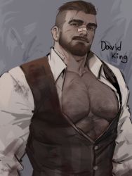 Rule 34 | 1boy, abs, bandaid, bandaid on face, bandaid on nose, bara, bare pectorals, beard, black eyes, brown hair, buzz cut, chest hair, collared shirt, david king (dead by daylight), dead by daylight, dopey (dopq), facial hair, hairy, highres, jacket, large pectorals, long sleeves, looking at viewer, male focus, manly, mature male, muscular, muscular male, nipples, pectorals, scar, scar on face, shirt, short hair, sleeveless, smile, solo, thick arms, thick eyebrows, tight clothes, unbuttoned, very short hair