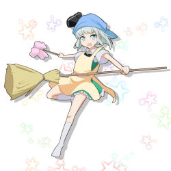 Rule 34 | &gt;:d, 1girl, :d, apron, blue eyes, blush, broom, cato (monocatienus), cleaning, collared shirt, determined, dress, dual wielding, duster, hair ribbon, head scarf, holding, konpaku youmu, open mouth, ribbon, shirt, short sleeves, silver hair, smile, socks, solo, standing, standing on one leg, touhou, v-shaped eyebrows
