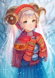 Rule 34 | 10s, 1girl, 2015, bad id, bad pixiv id, green eyes, hairband, hands on own chest, happy new year, horns, long hair, looking at viewer, mittens, new year, original, sheep horns, silver hair, siro (asteblanc), skirt, snowing, solo, twintails, upper body, very long hair