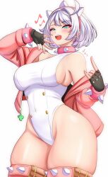 Rule 34 | 1girl, ahoge, anisdrawn, armlet, artist name, bare shoulders, blue eyes, blush, breasts, collar, elphelt valentine, guilty gear, guilty gear strive, hairband, highres, jacket, large breasts, leotard, musical note, navel, pink collar, pink jacket, short hair, sideboob, skin tight, solo, spikes, thighs, white hair, white leotard