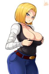Rule 34 | 1girl, android 18, belt, blonde hair, blue eyes, blush, breasts, cleavage, closed mouth, collarbone, cowboy shot, denim, dragonball z, highres, jeans, jmg, large breasts, long sleeves, looking at viewer, no bra, pants, short hair, simple background, solo, white background