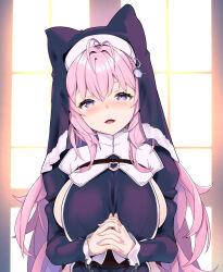 Rule 34 | 1girl, animal ears, antenna hair, blush, breasts, commentary request, habit, hakui koyori, hexagon hair ornament, highres, hololive, large breasts, long hair, looking at viewer, muneshiro (hitsuji kikaku), nail polish, nun, own hands clasped, own hands together, pink hair, pink nails, purple eyes, sideboob, smile, solo, upper body, virtual youtuber, wolf ears, wolf girl