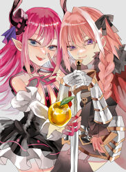 Rule 34 | 1boy, 1girl, apple, astolfo (fate), black bow, black thighhighs, blue eyes, blush, bow, braid, cape, crown, curled horns, detached sleeves, dragon girl, dragon horns, dress, elizabeth bathory (fate), elizabeth bathory (fate/extra ccc), emasrrkn, fate/apocrypha, fate/extra, fate/extra ccc, fate/grand order, fate (series), food, fruit, fur-trimmed cape, fur trim, garter straps, gauntlets, golden apple, hair bow, hair intakes, hair ribbon, highres, horns, long hair, looking at viewer, multicolored hair, open mouth, pink hair, pointy ears, purple eyes, red cape, ribbon, single braid, smile, streaked hair, sword, thighhighs, trap, voice actor connection, weapon, white cape, white hair