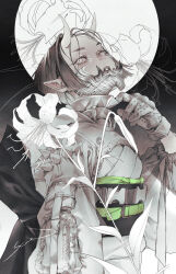 Rule 34 | 1girl, belt, black hair, demon horns, expressionless, flower, full moon, gloves, grey jacket, hair behind ear, highres, horns, jacket, leaf, lily (flower), long sleeves, looking at viewer, mask, moon, mouth mask, original, painting (medium), parted lips, pointy ears, short hair, sidelocks, signature, solo, tiger lily, traditional media, upper body, watercolor (medium), white eyes, yue (memento1113)
