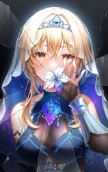 Rule 34 | 1girl, absurdres, bare shoulders, blonde hair, breasts, broken glass, bug, dark, detached sleeves, firefly, flower, genshin impact, glass, gloves, hair between eyes, hair ornament, highres, insect, large breasts, lisa 78, long hair, looking at viewer, lumine (genshin impact), night, simple background, sky, smile, star (sky), starry sky, yellow eyes