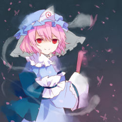 Rule 34 | 1girl, bug, butterfly, hand fan, female focus, hat, bug, long sleeves, lowres, pink hair, red eyes, ringed eyes, saigyouji yuyuko, shionty, smile, solo, @ @, touhou, triangular headpiece, wide sleeves