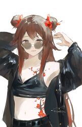 Rule 34 | 1girl, absurdres, alternate costume, arm behind head, armpits, arms up, belt, black belt, black jacket, black shirt, black tank top, breasts, brown hair, cleavage, closed mouth, crop top, double bun, flower, flower-shaped pupils, flower tattoo, genshin impact, glasses, gradient hair, hair bun, hair flaps, hair flower, hair ornament, highres, hu tao (genshin impact), jacket, kumah dessu, lips, long hair, long sleeves, looking at viewer, midriff, multicolored hair, navel, open clothes, open jacket, plum blossoms, red eyes, round eyewear, shirt, signature, simple background, single bare shoulder, sleeveless, sleeveless shirt, small breasts, solo, stomach, sunglasses, symbol-shaped pupils, tank top, tattoo, white background