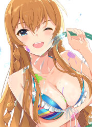 Rule 34 | 1girl, bikini, blue eyes, braid, breasts, brown hair, cleavage, collarbone, highres, holding, holding hose, hose, idolmaster, idolmaster million live!, kousaka umi, large breasts, long hair, looking at viewer, multicolored bikini, multicolored clothes, open mouth, simple background, smile, solo, swimsuit, tetsujin momoko, twin braids, upper body, water, white background