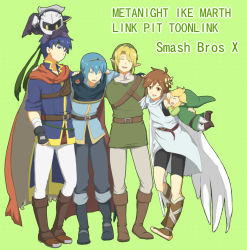 Rule 34 | 5boys, blonde hair, blue eyes, blue hair, brown eyes, brown hair, cape, fire emblem, fire emblem: mystery of the emblem, fire emblem: path of radiance, gloves, hat, headband, ike (fire emblem), kid icarus, kirby (series), link, male focus, marth (fire emblem), mask, meta knight, multiple boys, nintendo, pit (kid icarus), pointy ears, smile, super smash bros., the legend of zelda, the legend of zelda: twilight princess, tiara, toon link, wings, yellow eyes