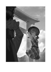 Rule 34 | 2girls, arm behind head, detached sleeves, fedora, from behind, glasses, greyscale, hakurei reimu, hat, looking at another, monochrome, multiple girls, outdoors, plaid, plaid skirt, plaid vest, quimbaya airplane, school uniform, short twintails, skirt, torii, touhou, twintails, usami sumireko, vest, yamamomo (plank)