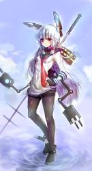 Rule 34 | &gt;:(, 10s, blue hair, breasts, closed mouth, cloud, commentary request, day, deluxe&lt;&lt;&lt;, fingerless gloves, frown, full body, gloves, hair ribbon, headgear, highres, holding, holding polearm, holding spear, holding weapon, kantai collection, long hair, looking at viewer, machinery, murakumo (kancolle), necktie, pantyhose, polearm, red eyes, red necktie, red ribbon, ribbon, shirt, sky, small breasts, solo, spear, standing, standing on liquid, thighband pantyhose, tress ribbon, v-shaped eyebrows, weapon, white shirt