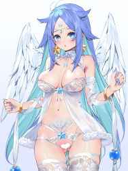 Rule 34 | 1girl, :o, angel wings, aqua hair, areola slip, blue eyes, blue hair, breasts, censored, cleavage, colored inner hair, earrings, gluteal fold, heart, heart censor, highres, jewelry, large breasts, looking at viewer, multicolored hair, navel, nipples, original, pubic tattoo, solo, star-shaped pupils, star (symbol), star earrings, symbol-shaped pupils, tattoo, thighhighs, thighs, two-tone hair, waterring, white thighhighs, white wings, wings