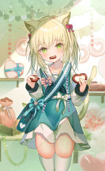 Rule 34 | 1girl, animal ear fluff, animal ears, black neckerchief, blue bow, blush, bow, box, candy, cat ears, cat girl, cat tail, chocolate, chocolate heart, collarbone, commentary request, dress, food, food in mouth, green dress, green eyes, green hair, hair between eyes, hair bow, heart, heart-shaped box, highres, holding, holding food, long hair, long sleeves, mouth hold, neckerchief, original, red bow, rk (rktorinegi), sailor collar, skindentation, sleeveless, sleeveless dress, solo, striped, striped bow, tail, thighhighs, two side up, white sailor collar, white thighhighs