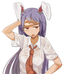 Rule 34 | animal ears, blouse, breasts, daitoutei, half-closed eyes, hand on own forehead, long hair, medium breasts, necktie, open mouth, orange eyes, purple hair, rabbit ears, reisen udongein inaba, see-through, shirt, solo, sweat, sweatdrop, touhou, upper body, wet, wet clothes, wet shirt, white shirt