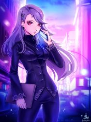 Rule 34 | 1girl, absurdres, alina l, black jacket, black pants, blue sky, cellphone, earrings, hair behind ear, hair ornament, highres, holding, holding phone, jacket, jewelry, looking at viewer, necklace, niijima sae, outdoors, pants, persona, persona 5, phone, red eyes, silver hair, sky, smartphone, standing, turtleneck