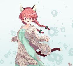 Rule 34 | 1girl, :d, alternate costume, animal ears, bow, braid, cat ears, cowboy shot, dated, dress, extra ears, fang, highres, kaenbyou rin, long hair, looking at viewer, nekomata, open mouth, paw print, paw print background, pointy ears, red eyes, red hair, signature, simple background, smile, solo, sunnysideup, sweater, swept bangs, touhou, twin braids