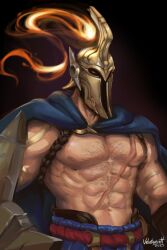 Rule 34 | 1boy, abs, artist name, belt, black background, cape, covered face, feet out of frame, fire, hairy, helmet, highres, large pectorals, league of legends, looking at viewer, male focus, manly, mature male, muscular, muscular male, nipples, no shirt, pantheon (league of legends), pectorals, red eyes, scar, shield, signature, simple background, skirt, solo, tattoo, velvet queen h