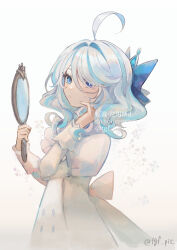 Rule 34 | 1girl, ahoge, blue bow, blue eyes, blue hair, blue pupils, bow, commentary request, dress, floral print, furina (genshin impact), genshin impact, gradient background, hair between eyes, hair bow, hair over one eye, heterochromia, highres, holding, holding mirror, huge bow, long sleeves, looking at viewer, medium hair, mirror, multicolored hair, solo, sweatdrop, tgf pic, twitter username, white background, white dress, white hair